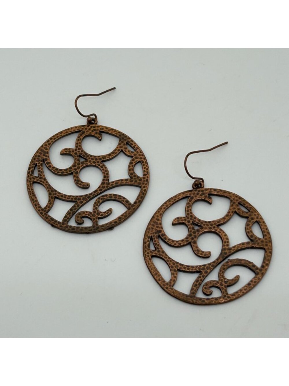 Copper-Tone Circular Filigree Swirl Earrings With Hook Closure Vintage